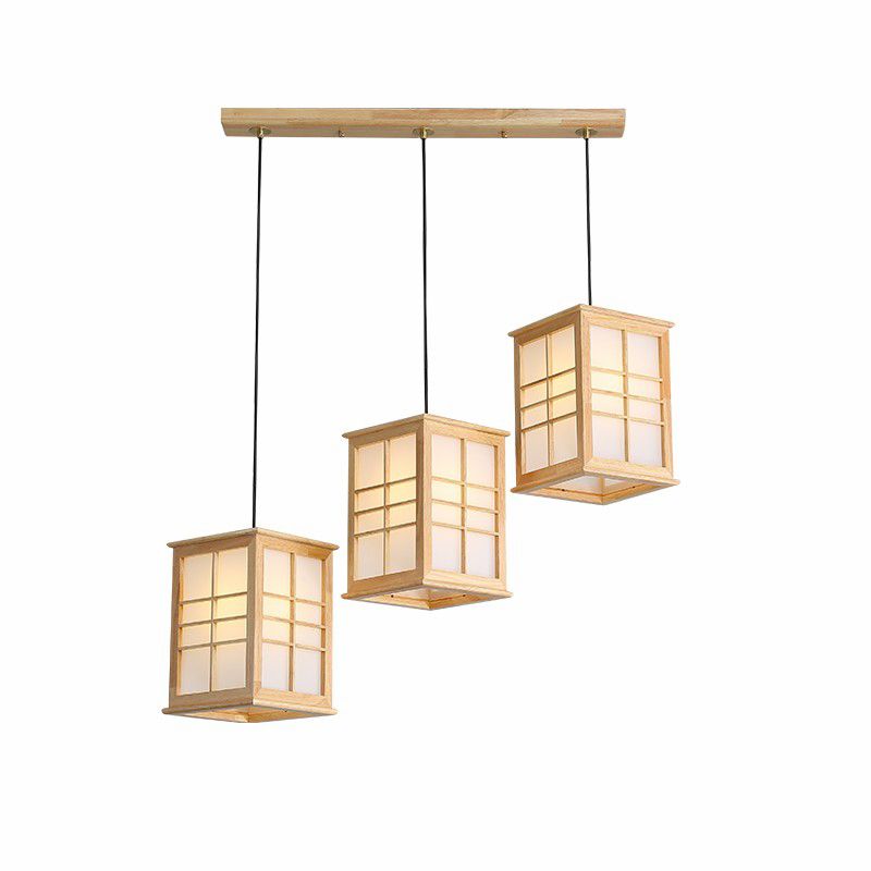 Japonais 3 lumières pendentif beige rectangulaire lampe suspendue avec une teinte en bois pour salle à manger