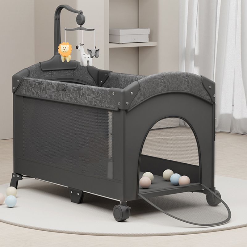 4-in-1 Folding Crib in Black and Gray Mattress Included Crib with Storage and Casters