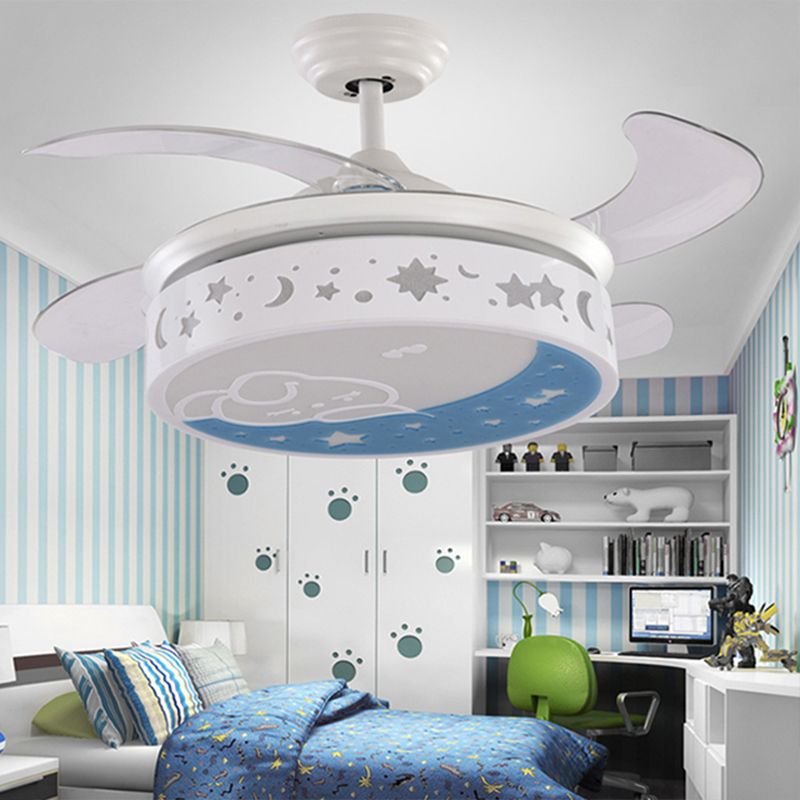 Drum contemporain fans de lampe en métal LED 36 "LA CHAMBRE À KIDES DE LA LIGE 4 BLADES SEMI FUX MONT EN BLANC avec un lapin et un motif d'étoile