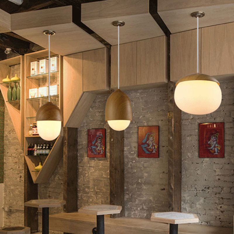 Wood Spherical Pendant Ceiling Light Simplicity Style Hanging Pendant Light in White