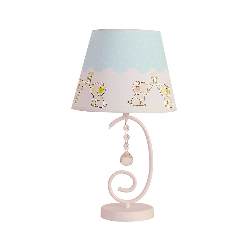 Barrel Bedroom Table Light Fabric 1 Bulb Cartoon Night Lamp in White with Crystal Drop and Sheep/Loving Heart/Elephant Pattern