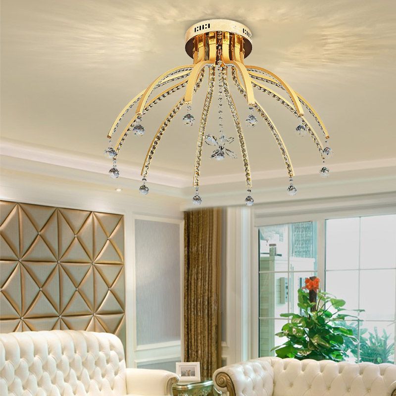 Crystal Ball Sputnik Ceiling Mount Contemporary 12 Bulbs Gold LED Semi Flush Mount Light Fixture in Warm/White Light
