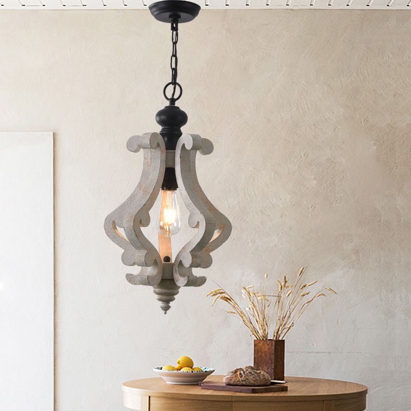 Wood Distressed White Pendant Light Scrolled Frame 1 Bulb Traditional Style Hanging Lamp Kit for Dining Room