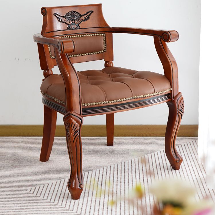 Rustic Style Dining Chair Leather Solid Wood Arm Chair for Home