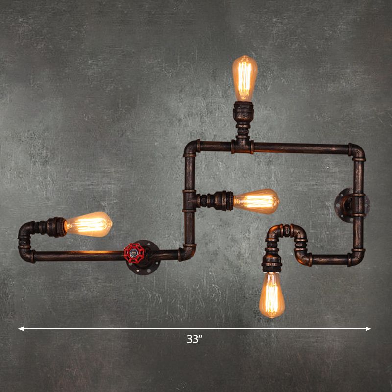 Iron Water Pipe Wall Light Fixture Vintage 4-Light Restaurant Wall Mount Light with Valve Handle in Rust
