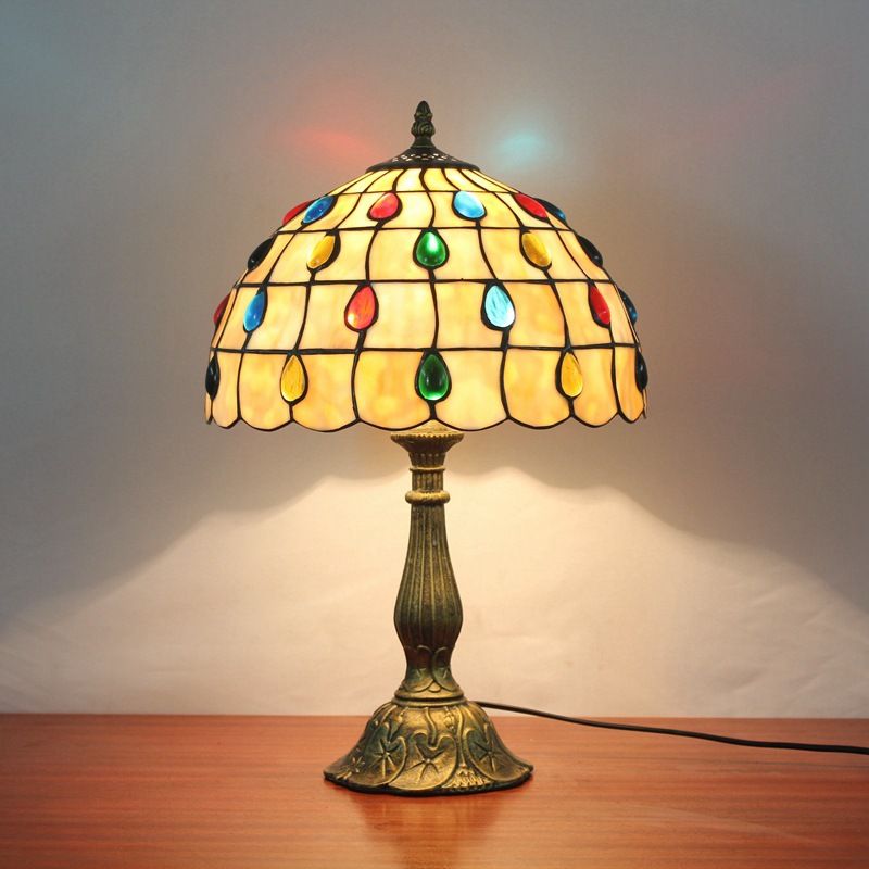 12"/8" Wide Shell Umbrella Desk Lamp with Teardrop Jewelry Classic Tiffany Table Light in Beige for Bedroom