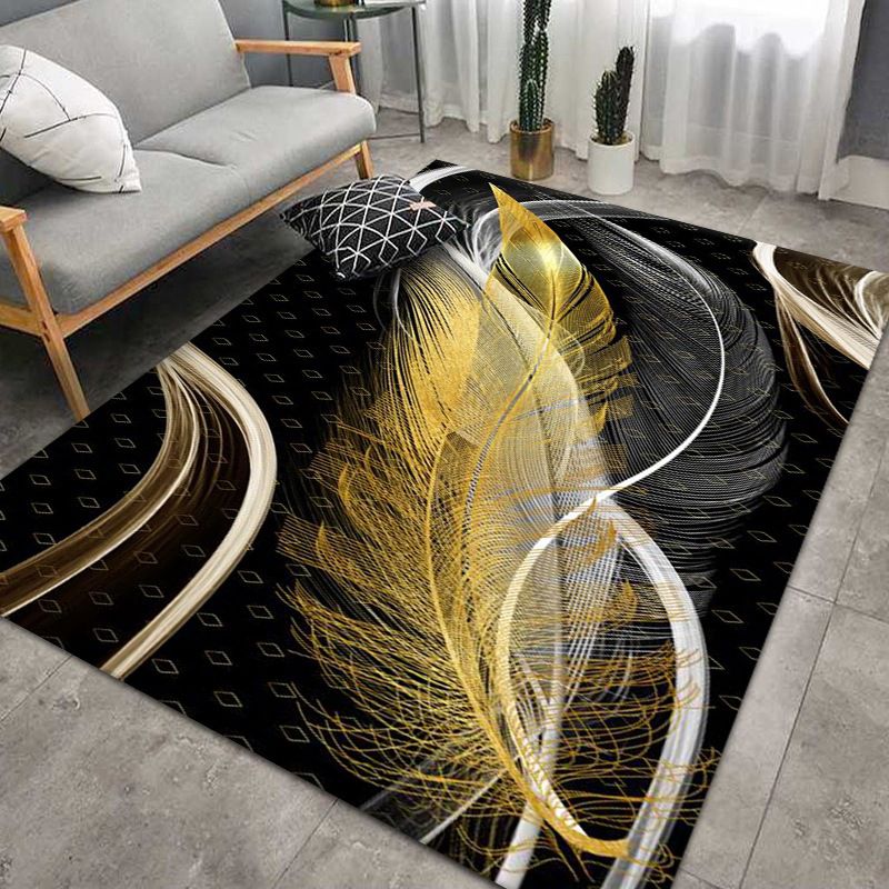 Glam Carpet Polyester Feather Print Rug Non-Slip Backing Indoor Rug for Home Decoration