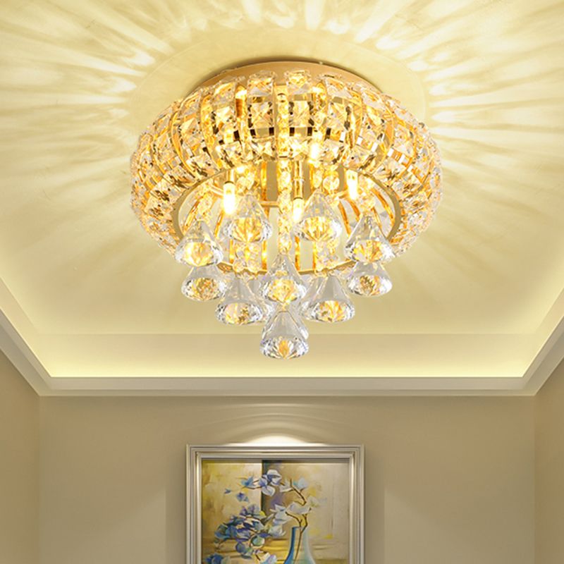 Plafonnier rond doré modernisme à 5 têtes, lampe encastrée en cristal découpé à la main pour hall d'entrée