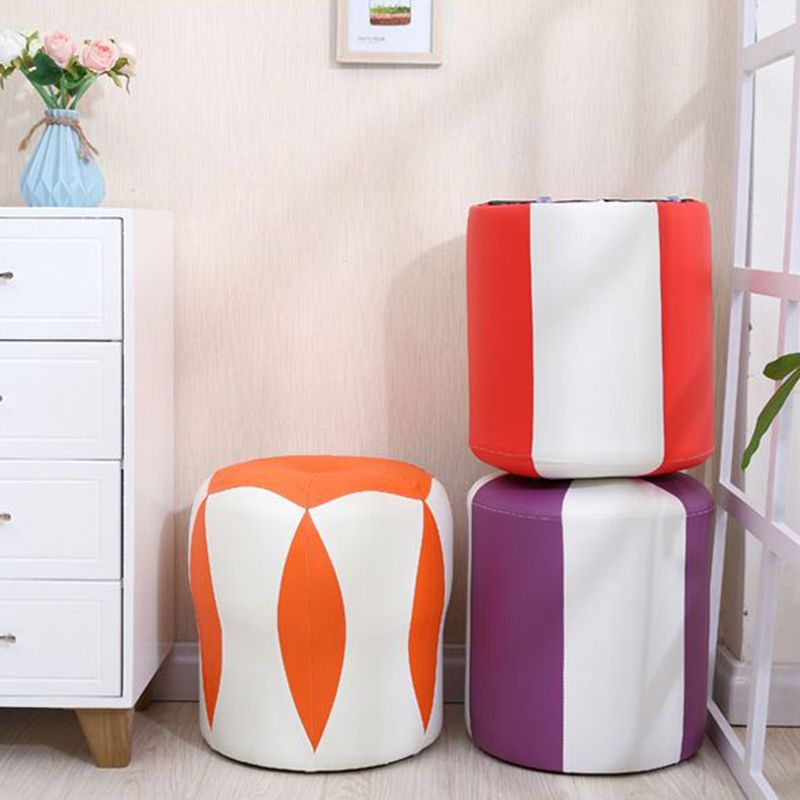 Modern Water Resistant Pouf Round Color Block Leather Indoor Pouf