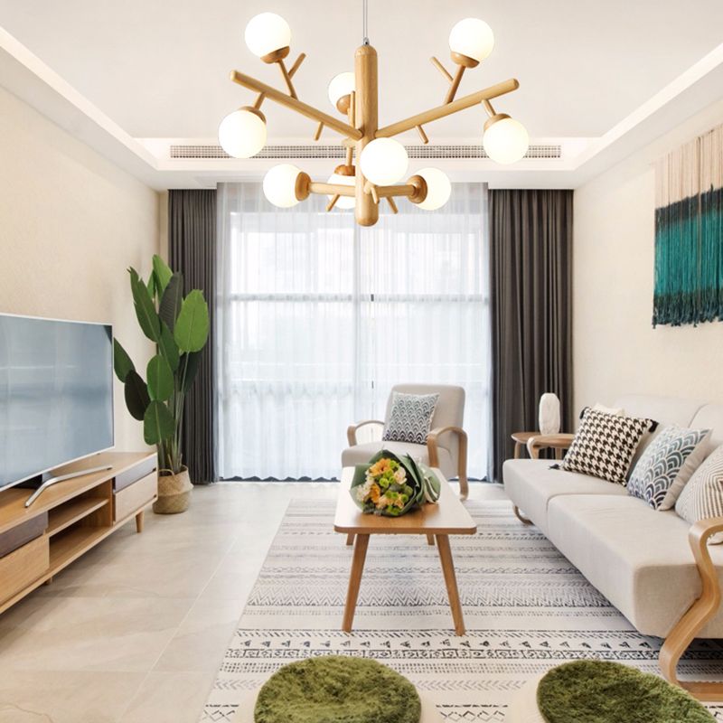 Lampadario ramo di legno moderno a ciondolo multi-testa con tonalità di vetro bianco