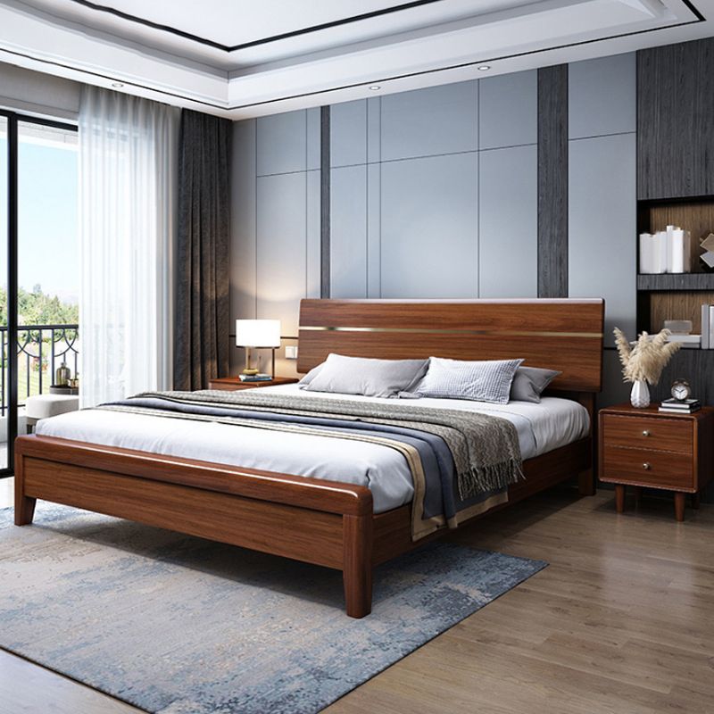 Mid-Century Modern Standard Bed Walnut Espresso Bed Frame With Custom Gold Legs