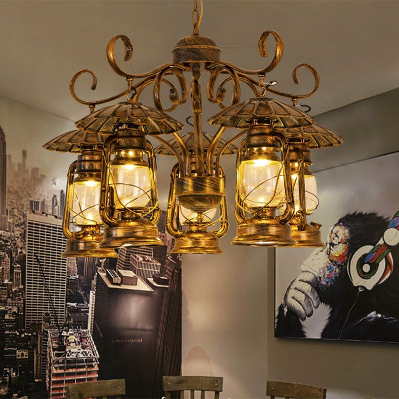 Aged Brass Lantern Suspension Light Village Style Metal and Clear Glass 5 Light Dining Room Chandelier