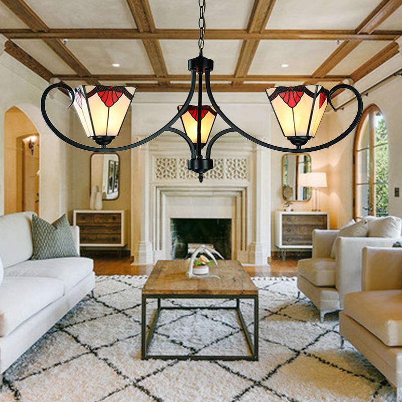 Lampadario piramide con tonalità vetrata in vetro 3 luci missione a sospensione in rosso per il ristorante