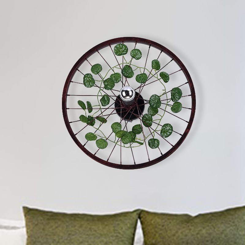 Rust Wheel Sconce Light Fixture Industrial Metal 1 Bulb Restaurant LED Plant Wall Mount Lamp, 12.5"/18"/21.5" Dia