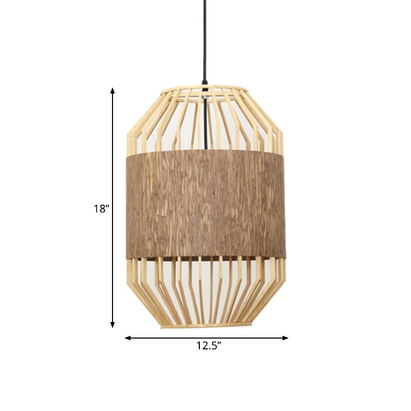 Countryside Cylindrical Ceiling Lighting Bamboo and Wood 1 Bulb Beige Pendant Lamp for Dining Table