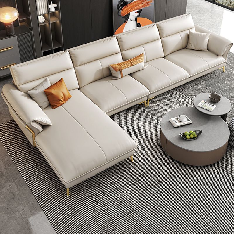Genuine Leather Sectional Sofa 37.4" High Cream Sofa with Cushion Back