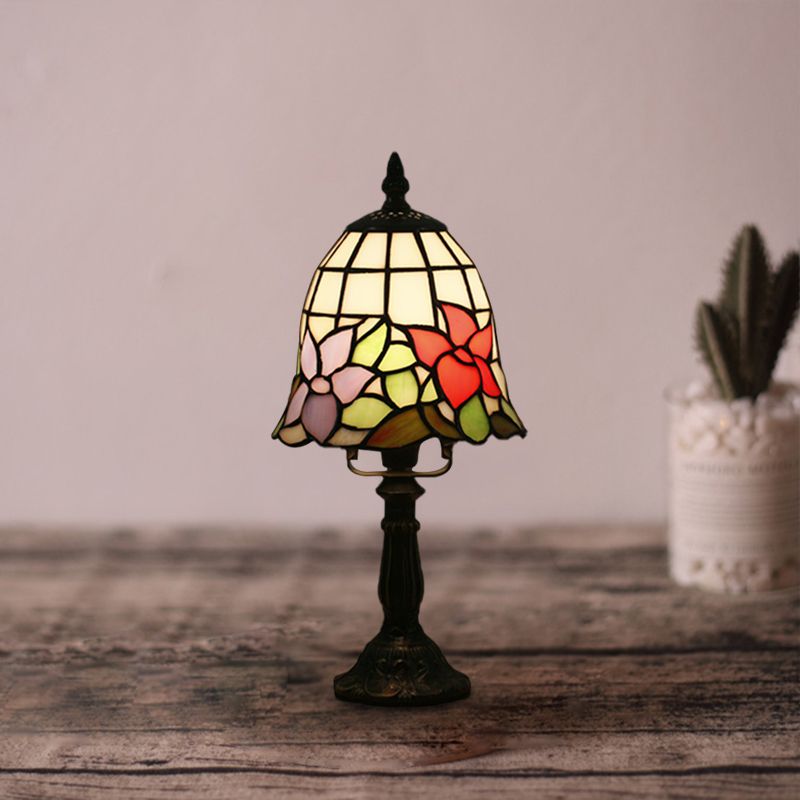 Stained Glass White/Red Night Light Conical/Flared 1-Head Mediterranean Table Lighting with Floral Pattern
