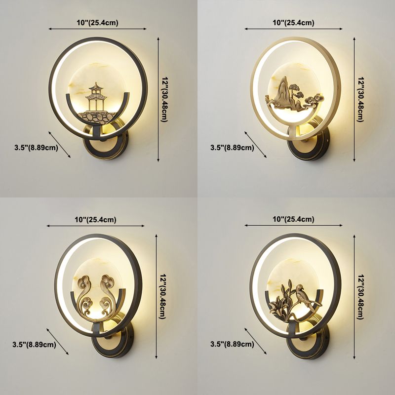 New Chinese Style Jade Wall Light Circle Shape Wall Lamp with Acrylic Shade for Bedroom