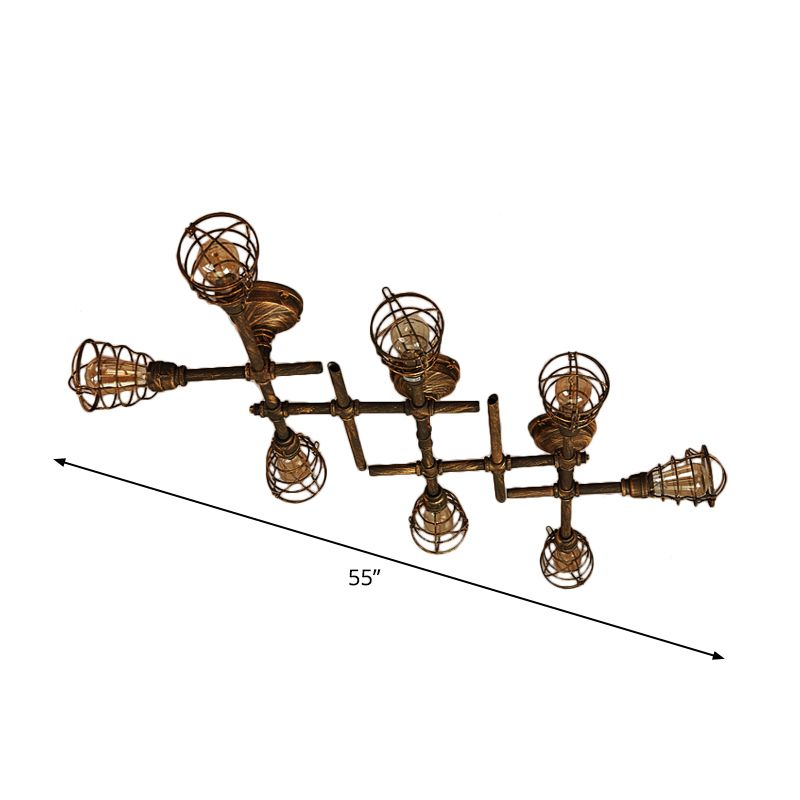 Industrial Intersecting Piping Ceiling Light 4/5/8 Heads Iron Semi Flush Mounted Light with Cage Guard in Brass