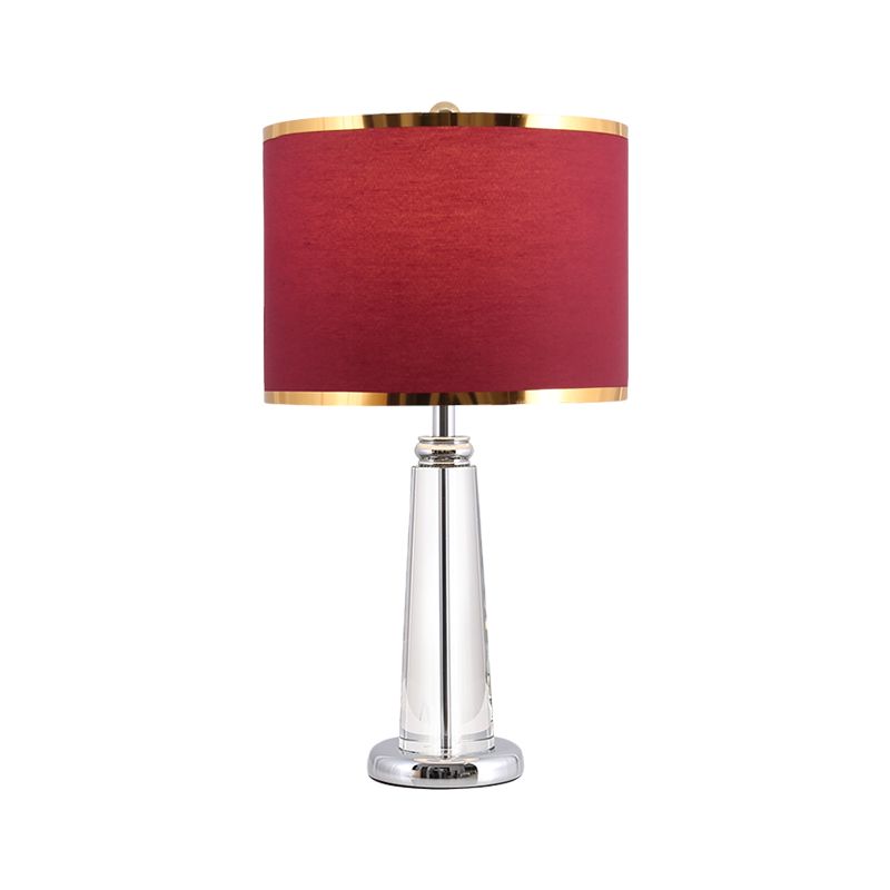 Lampada da comodino circolare bordeaux con paralume in tessuto tradizionale, 1 lampadina, lampada da tavolo da camera da letto con lampione in cristallo