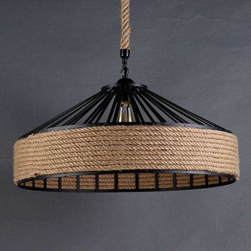 1 Light Pendant Lighting Industrial Style Drum Shape Rope Hanging Ceiling Light