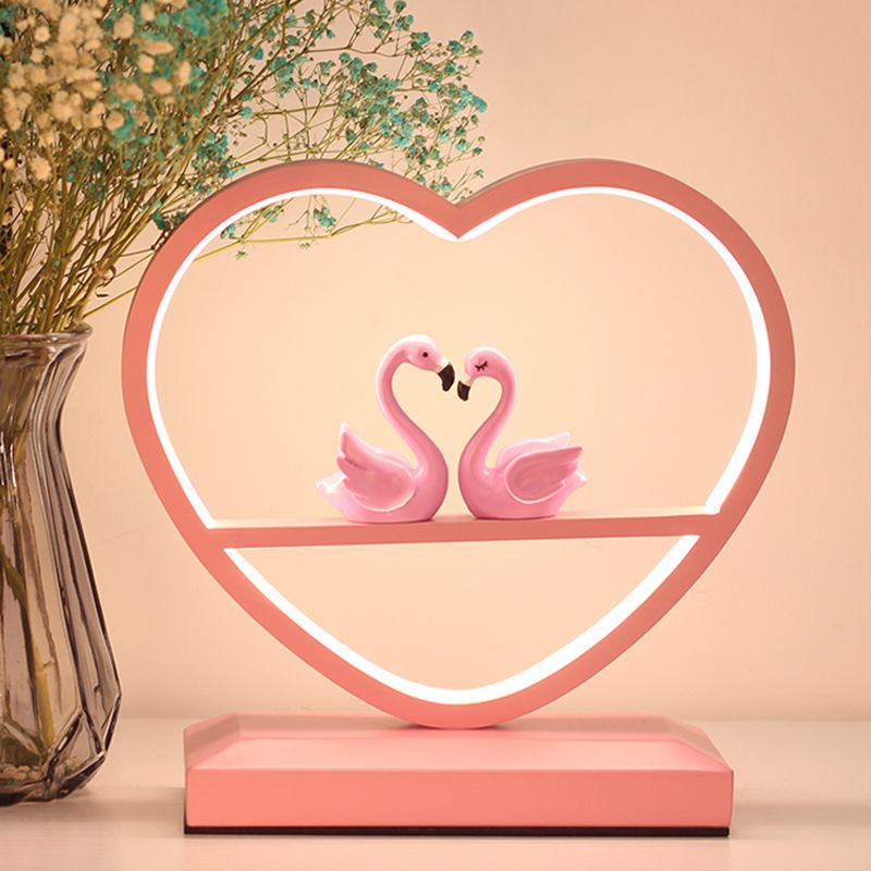 Nordic Loving Heart Night Lamp Metallic Sleeping Room LED Table Light with Swans Deco in Pink
