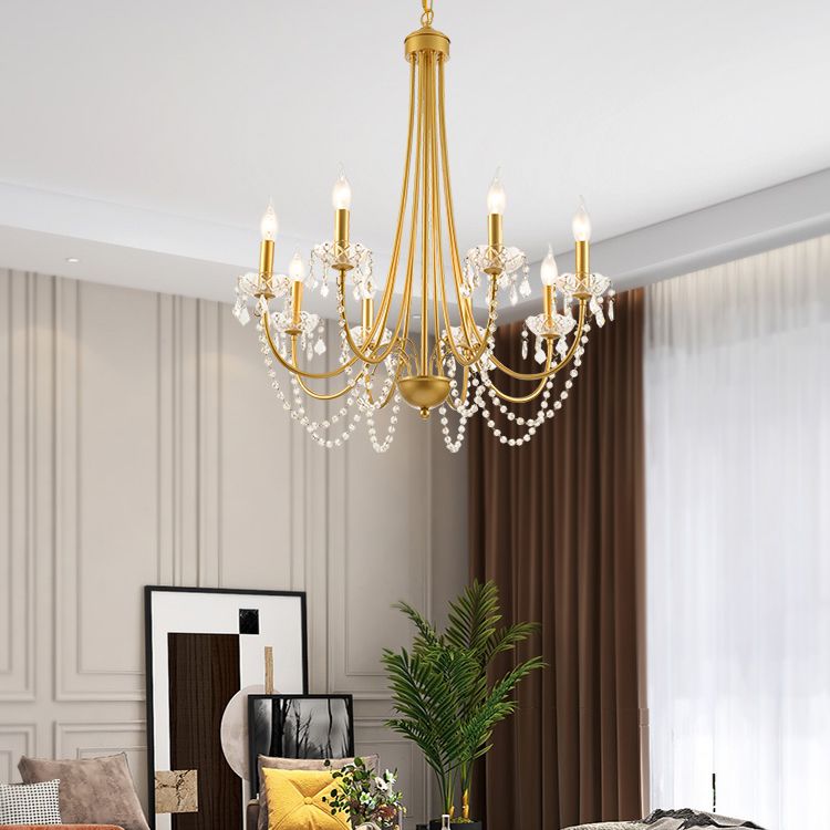 Candle Suspended Lighting Fixture American Style Multi-Head Hanging Pendant Lights with Crystal Bead