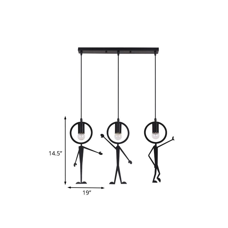Human-Like Iron Multi Light Pendant with Bare Bulb Design Creative 3-Head Black Suspension Lamp