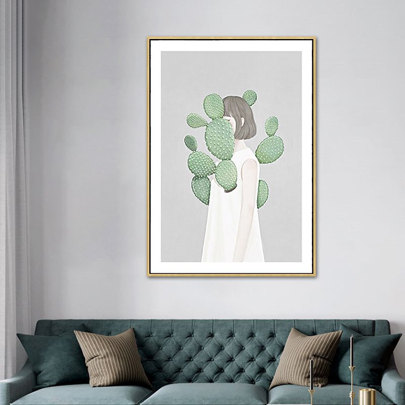 Green Cactus Girl Canvas Art Figure Drawing Kids Style Textured Wall Decor for Room
