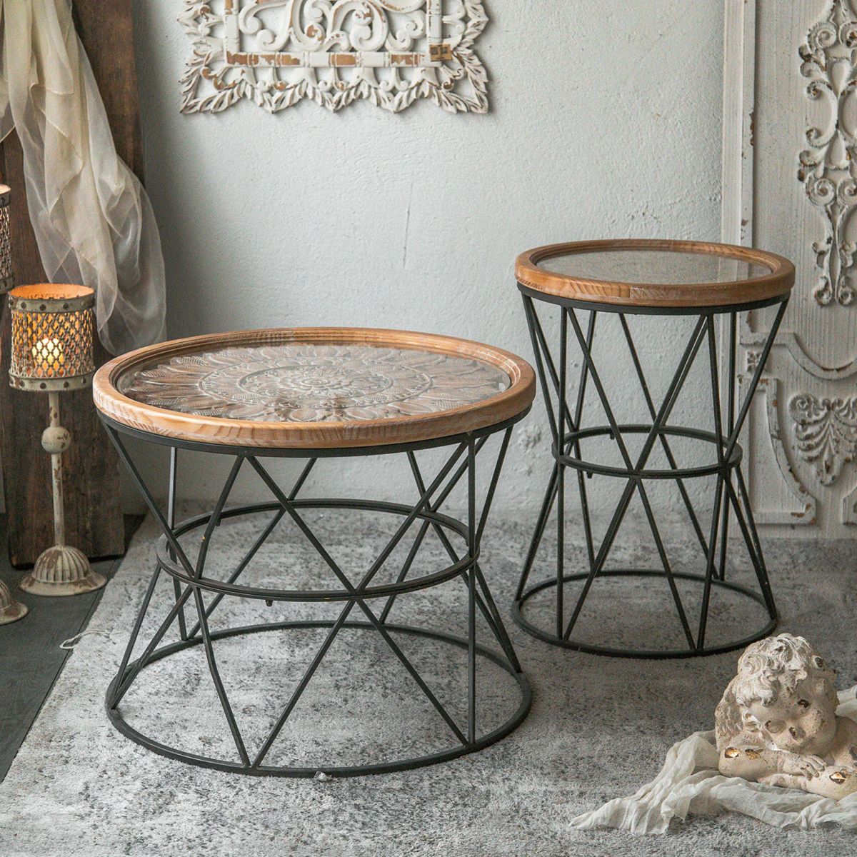 Frame French Country Round Coffee Table Distressed Wood Cocktail Table