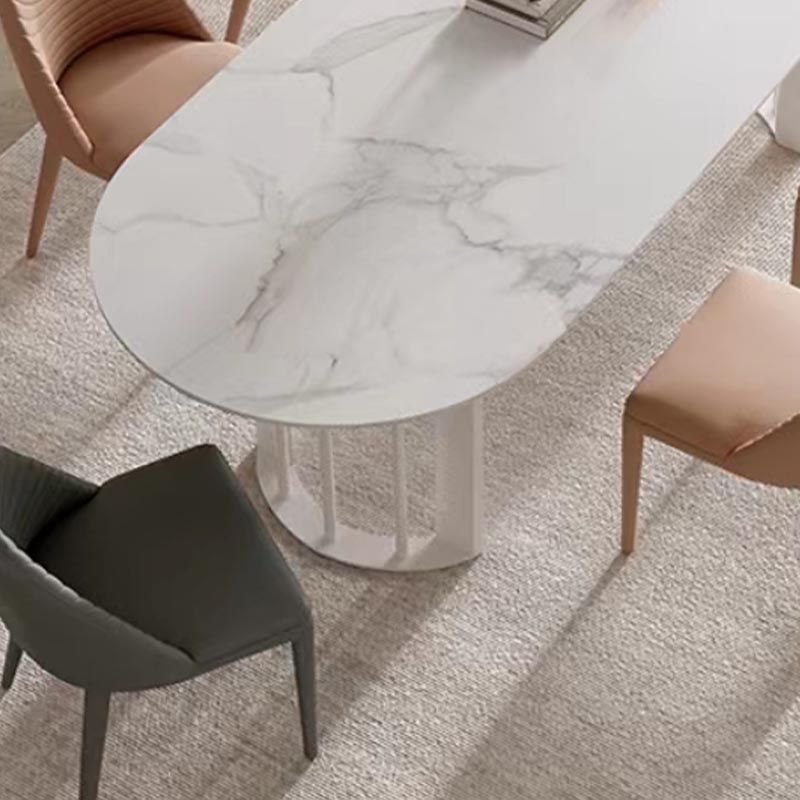 Modern White Stone Top Dinner Table Oval Metal Double Pedestal Dining Table