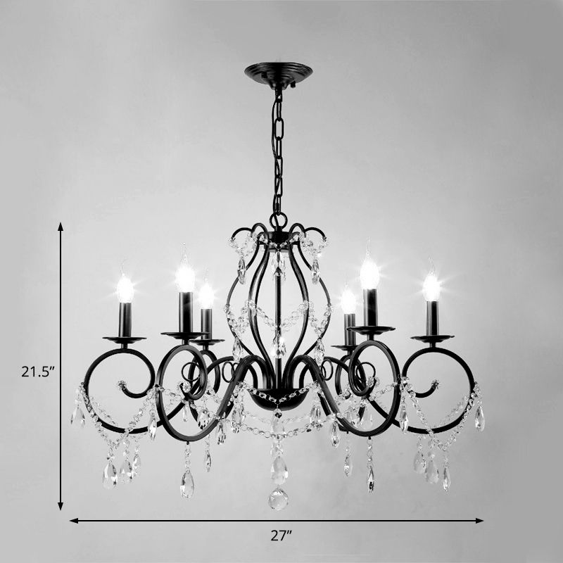 Modern 6/8 Bulbs Chandelier Lamp Black Candle Pendant Light Fixture with Crystal Shade
