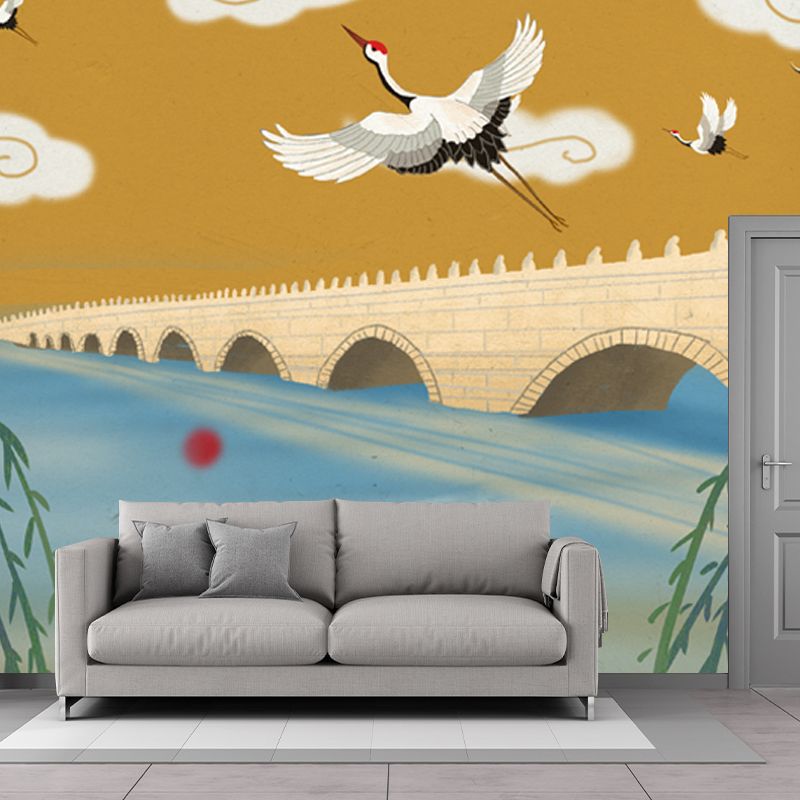 Oriental Spring Park Scene Mural Yellow Seventeen Arch Bridge with Halcyon Wall Art
