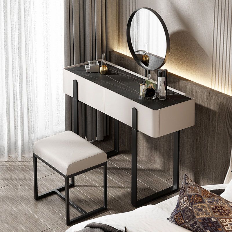 Contemporary Stone Top Vanity Desk 2-Drawer Dressing Table in White