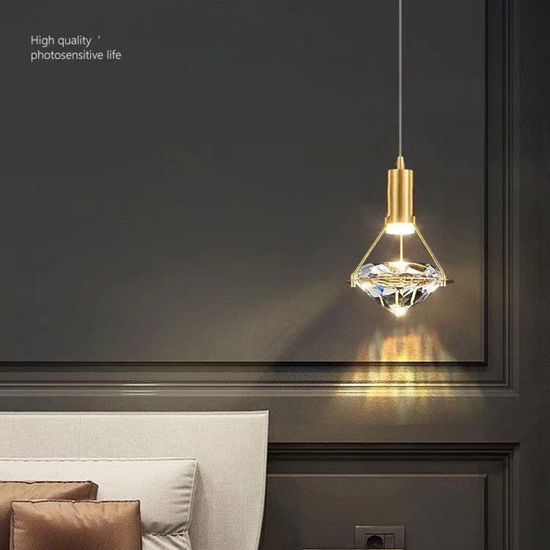 Brass Crystal LED Pendant Light in Modern Luxury Style Copper Geometric Hanging Lamp for Bedroom
