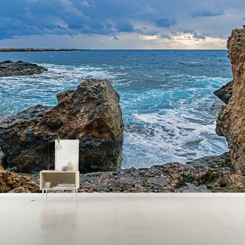 Photography Sea Mural Wallpaper for Living Room Wall Covering in Soft Color