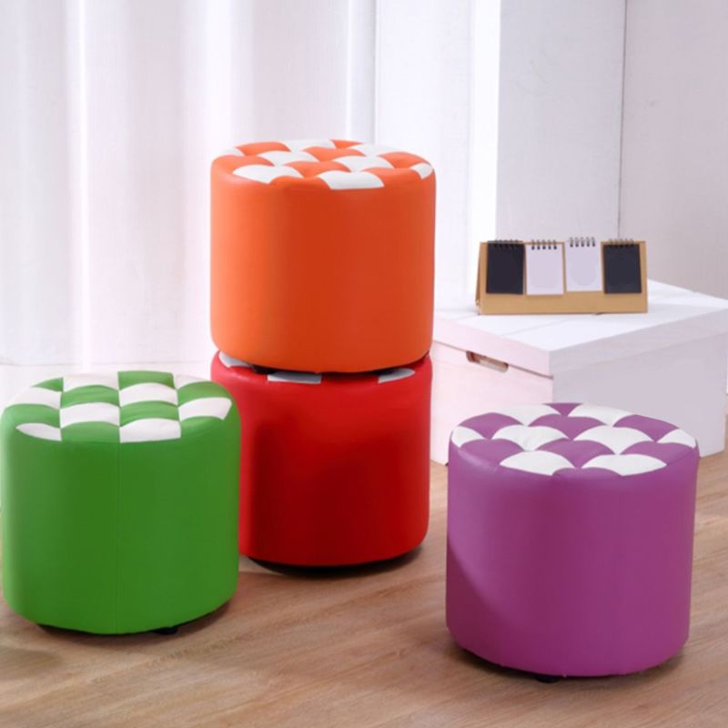 Contemporary Pouf Ottoman Faux Leather Tufted Square Pattern Cylinder Shape Ottoman