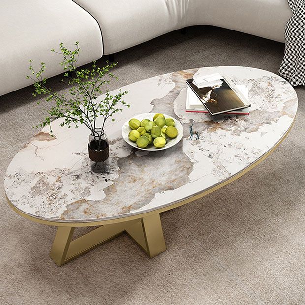 Metal Cross Legs Cocktail Table Luxurious Oval Stone Top Coffee Table