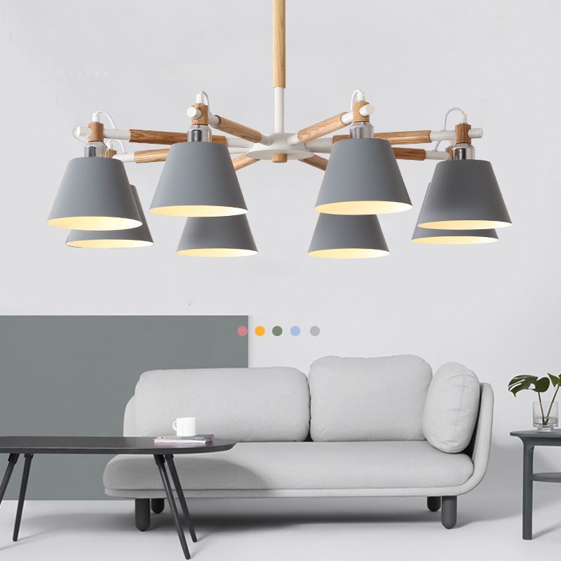 Conical Metal Pendant Lamp Macaron Wood Ceiling Chandelier Light for Living Room