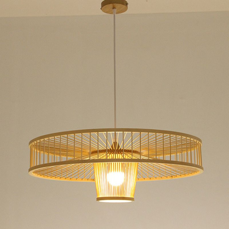Asian Style Bamboo Weaving Suspension Light Single Bulb Creative Hanging Lighting Fixture in Beige
