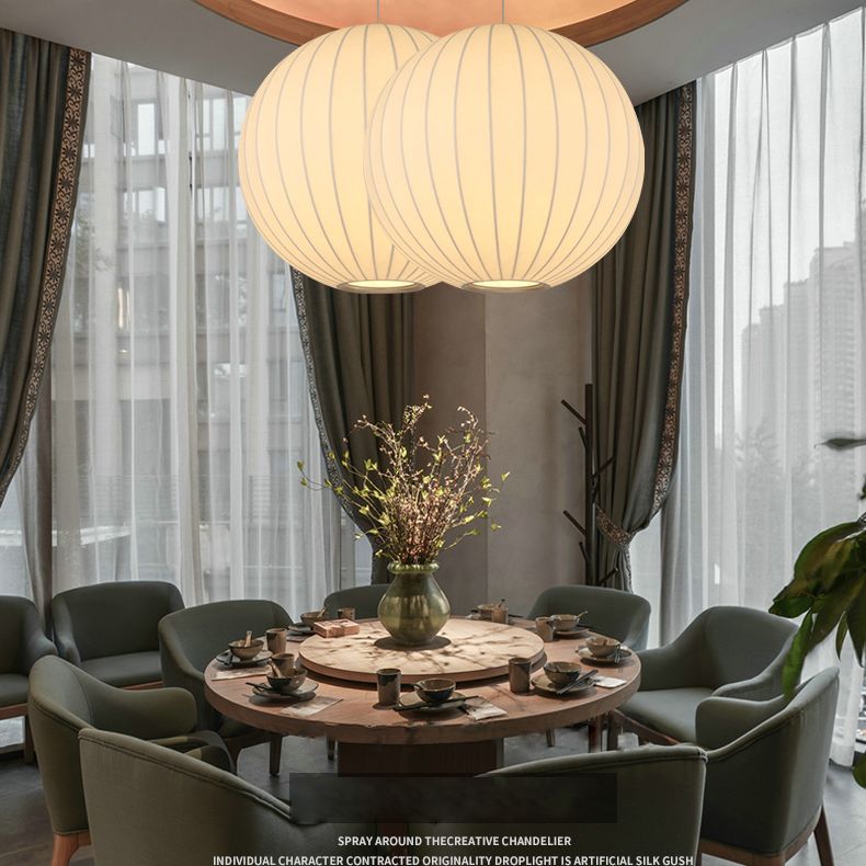 Globe Stretch Silk Suspension Lamp Nordic Style 1-light Dining Room Lighting Fixture in White