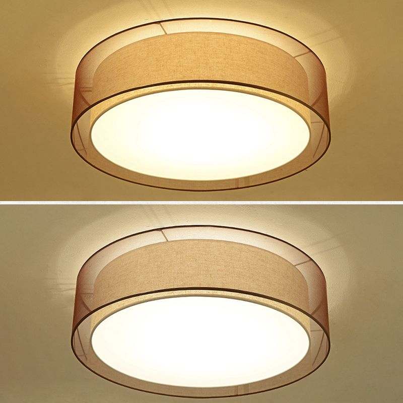 Brown Cylindrical Ceiling Light in Traditional Classic Style Wrought Iron Indoor Flush Mount with Flax Fabric Shade