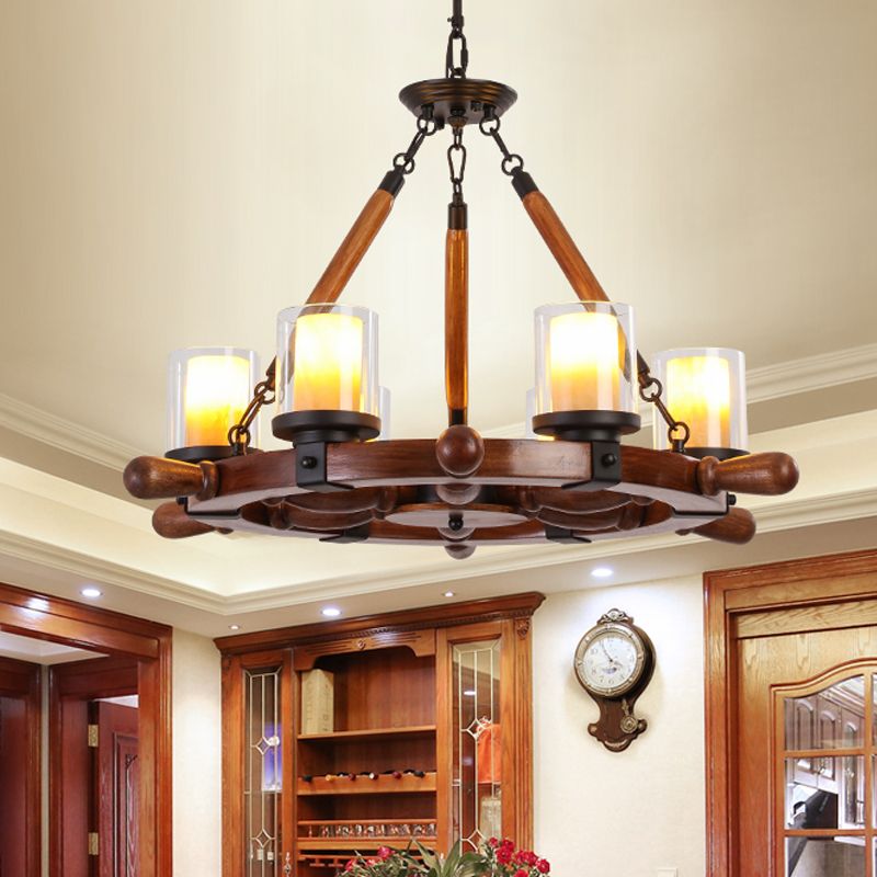 Marble/Clear Glass Brown Chandelier Cylinder 6/8 Lights Traditional Rope Pendant Lamp with Wood Rudder Design
