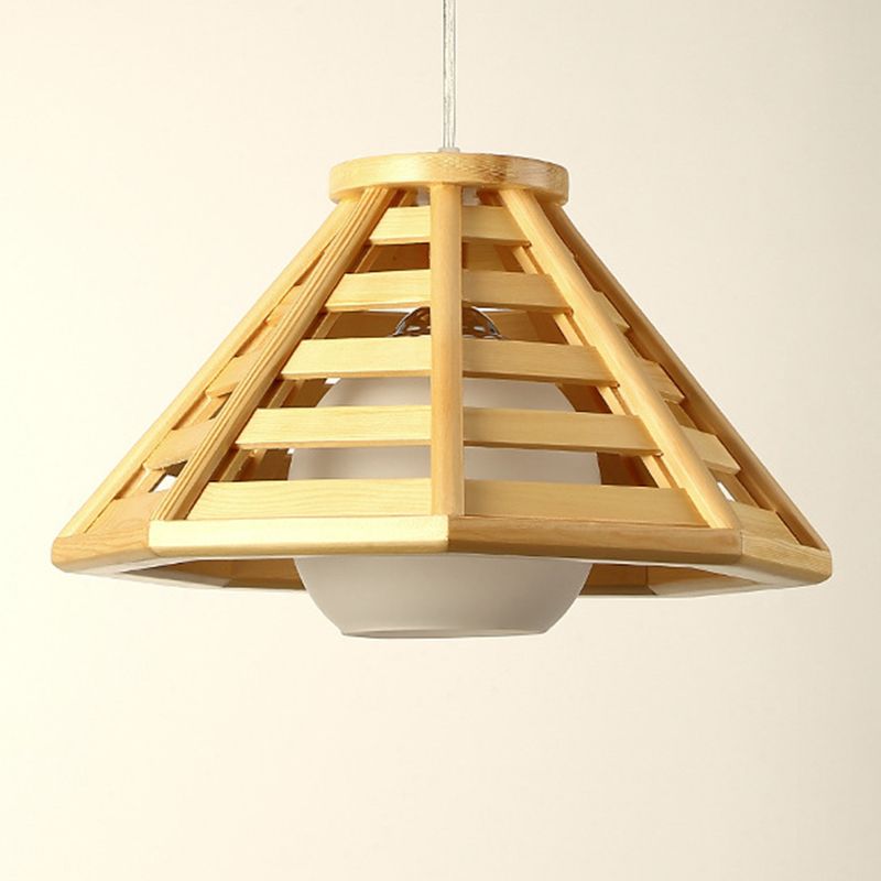 Log Color Truncated Cone Hanging Lamp in Modern Simplicity Wooden Pendant Light with Glass Shade