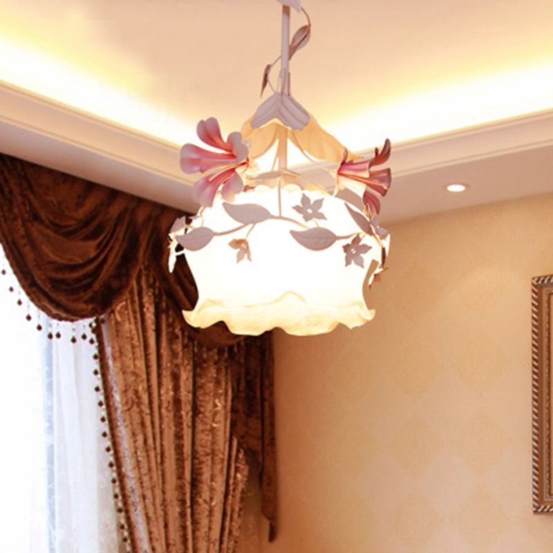 Pink Scalloped Chandelier Pendant Light Pastoral White Glass 1/3 Heads Bedroom LED Ceiling Lamp