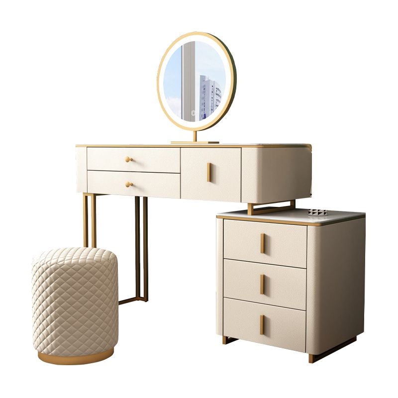 Stone Top Vanity Desk with 6 Drawers, Metallic White/Grey, 15.75" D x 30.71" H