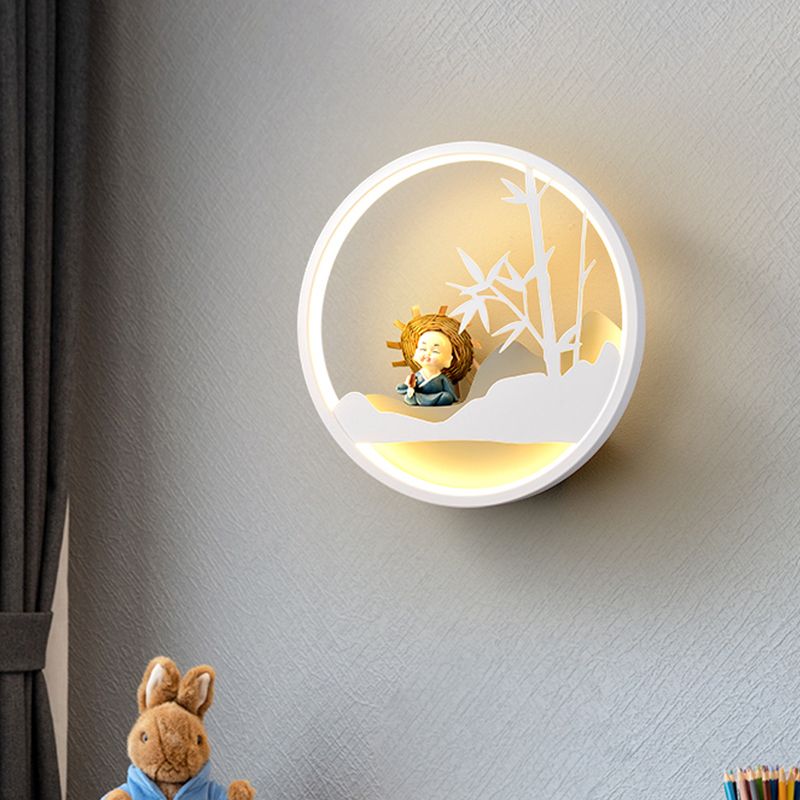 White Cloud Wall Sconce Lighting Contemporary LED Acrylic Ring Wall Lamp Fixture with Girl/Bear/Little Monk Deco