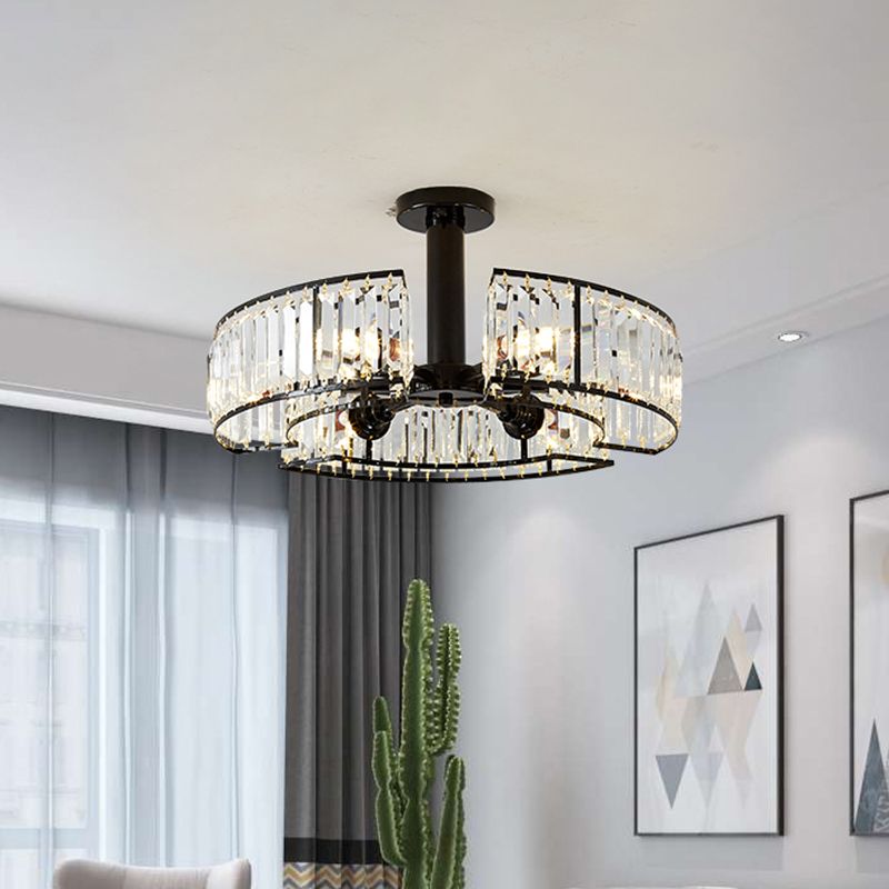 Crystal Block Drum Shade Semi Mount Lighting Vintage 6 Heads Close to Ceiling Lighting in Black