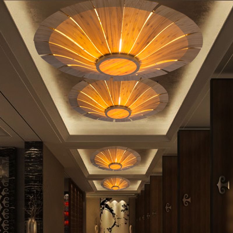Platillo volador japonés Semi Flush Mount Wood 1 Bulbo cerca de la iluminación del techo en beige