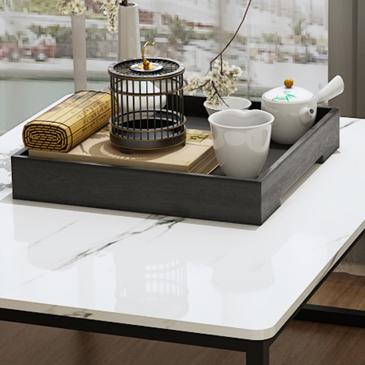 Glam Sled Coffee Table Set Slate Rectangular Coffee Table for Home